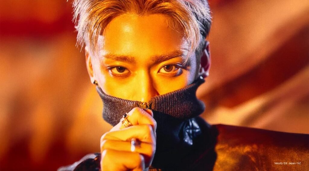 WHIB ‘ROCK THE NATION’ concept photo with seven members in dark noir styling, posing confidently in a dystopian city backdrop.