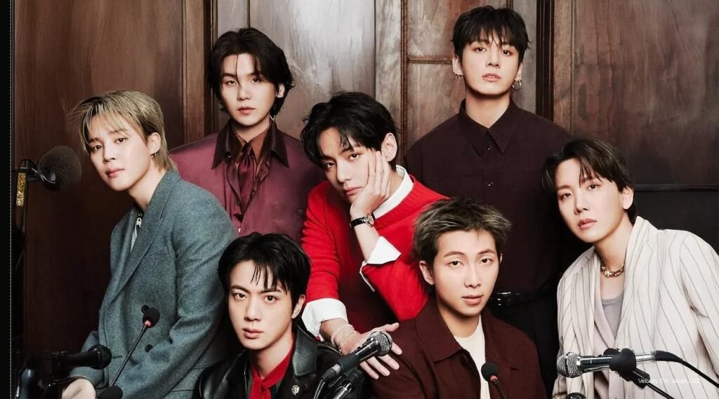 BTS OT7 GQ March 2026 cover shoot surrounded by microphones, first group pictorial in 4 years ahead of ARIRANG album.