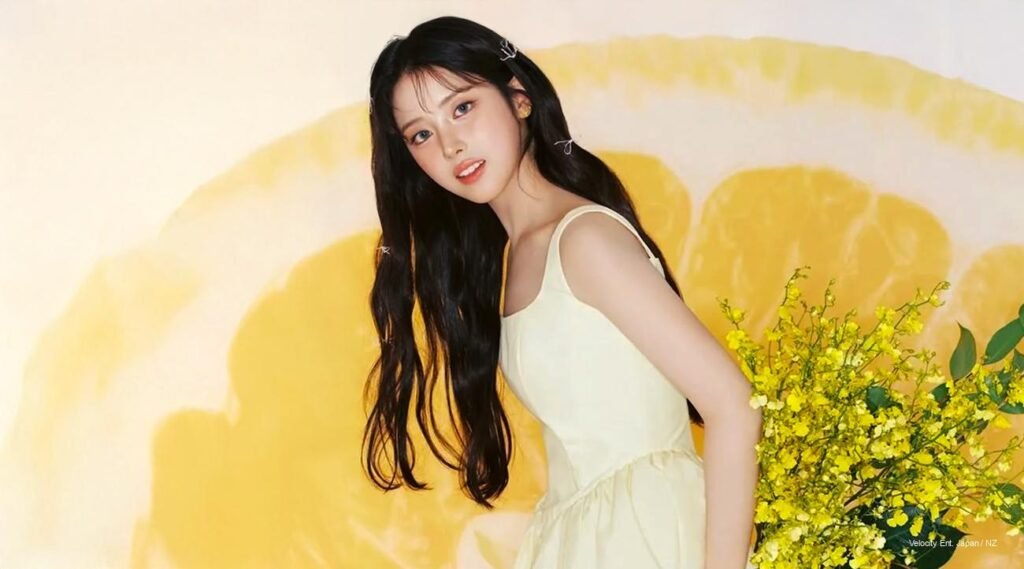 Jiwoo from NMIXX poses for Cosmopolitan Korea x irecipe February 2026 Digital Issue, glowing in futuristic pastels that blend elegance and energy.