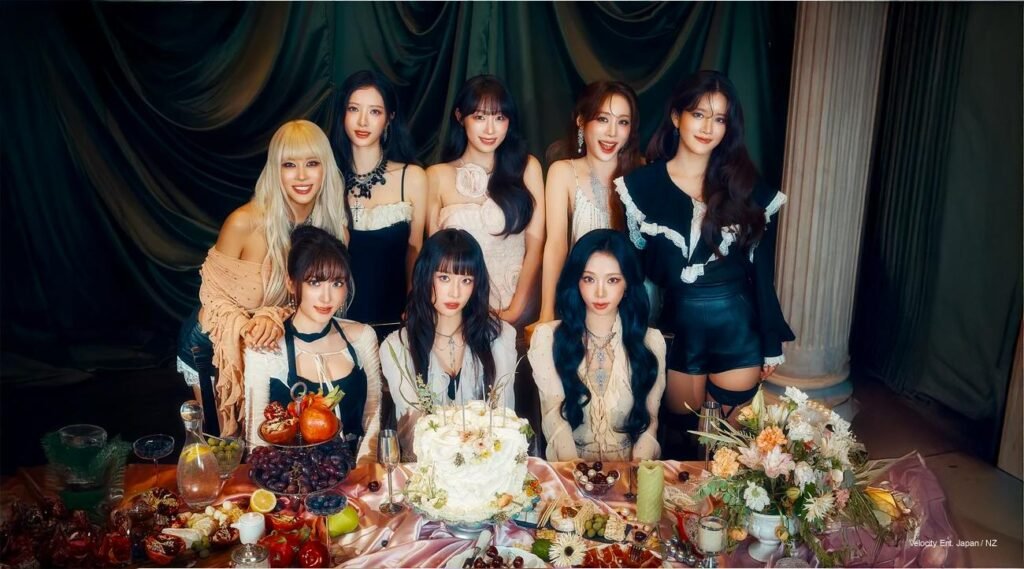 WJSN members pose in ethereal pastel gowns for their 10th Anniversary comeback "Bloom Hour" concept photoshoot, symbolizing growth and unity.