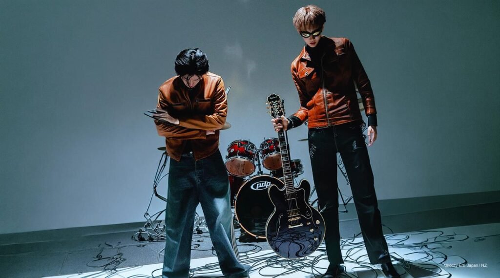 Gabby Onme duo Adrian and KINDA in HEART’S RACING concept—futuristic red-black styling fuses Texas soul and Seoul precision.