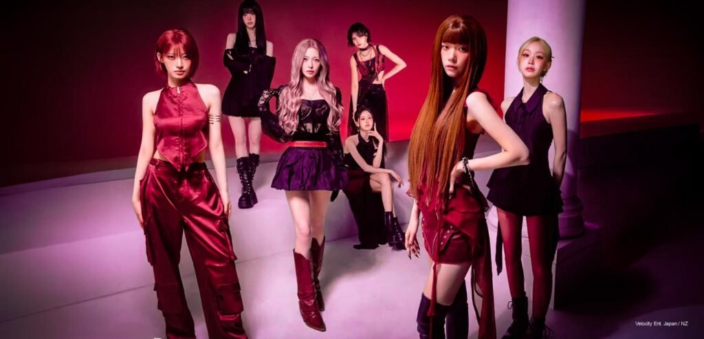 Billlie Photo Drop #4 restoration — member in crimson satin halter top and red hair against red backdrop for 1st Full Album the collective soul and unconscious chapter two