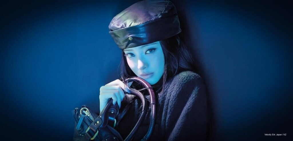 Eyes Wide Open: MEOVV Owns the Cover — and the Era – Kpoppie MEOVV Anna W Korea May 2026 cover — leather cap, designer bag, blue backdrop