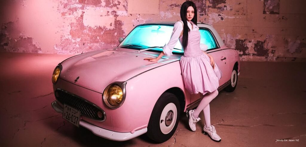 IVE's Gaeul posing beside a pink vintage Nissan Figaro in a pink-lit garage for KNIGHT Magazine's April 2026 cover pictorial