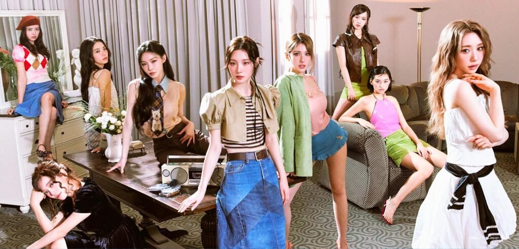 I.O.I nine members group concept photo for 3rd mini album I.O.I LOOP 2026, styled in retro-modern fashion in a warm interior settingI.O.I : LOOP – 2026 Group Concept Photo