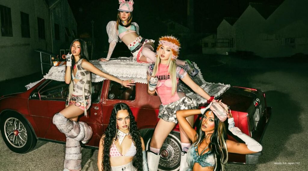 KATSEYE’s Pinky Up: Bold Fashion Revolution – Kpoppie KATSEYE Pinky Up Look 3 concept photo group pose on red truck, bold colorful futuristic outfits K-pop idols.