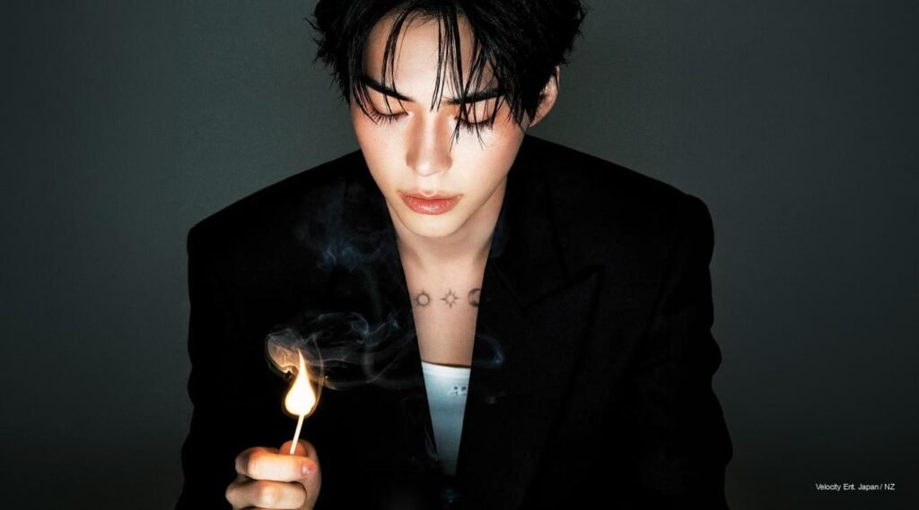 Sung Hanbin of ZEROBASEONE in the COSMOPOLITAN SHINE April 2026 pictorial, styled in a cinematic fashion editorial portrait.