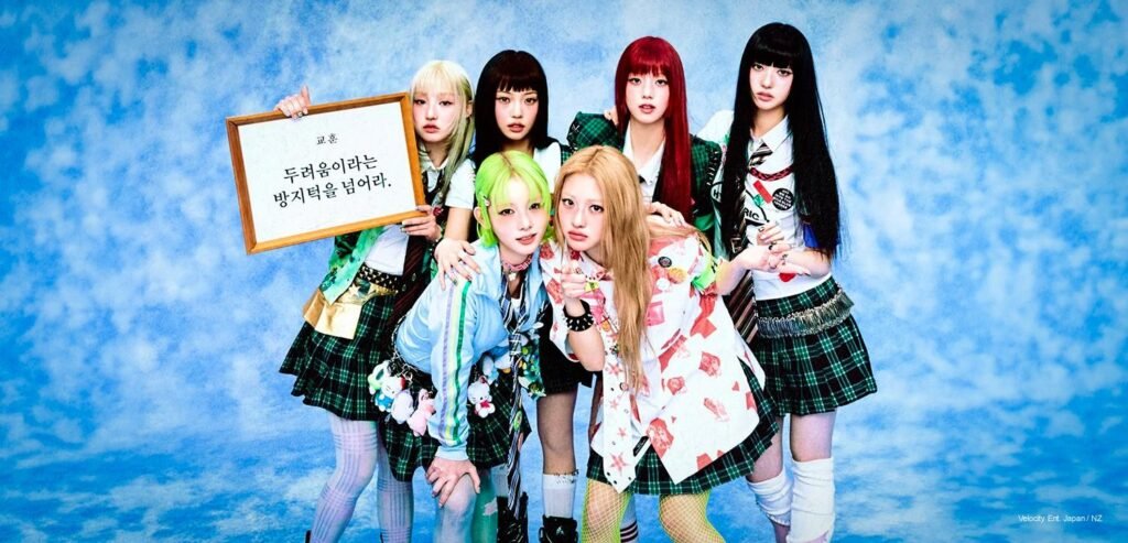 UNCHILD K-pop group concept photo UNCHILD HIGH SCHOOL Ver. featuring Evon, Tina, Heekie, Yeeun, Haeun, Ako in vibrant school uniforms and dynamic poses.