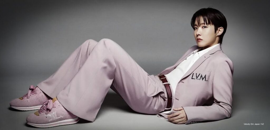 j-hope Esquire Korea Louis Vuitton May 2026 cover portrait in pink suede sneakers.