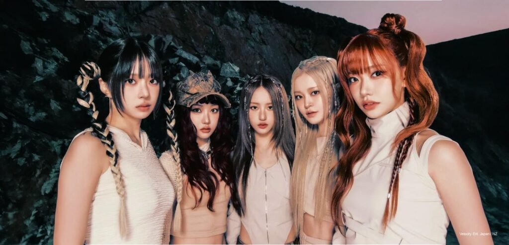 Heart of Woman (H.O.W) — all five members Ji Hyun, Chaei, Ayne, Liri and Liuyin in white editorial outfits with braided hair, standing against dark volcanic rock for the Heart Byte : LEGACY debut album concept photo shoot
