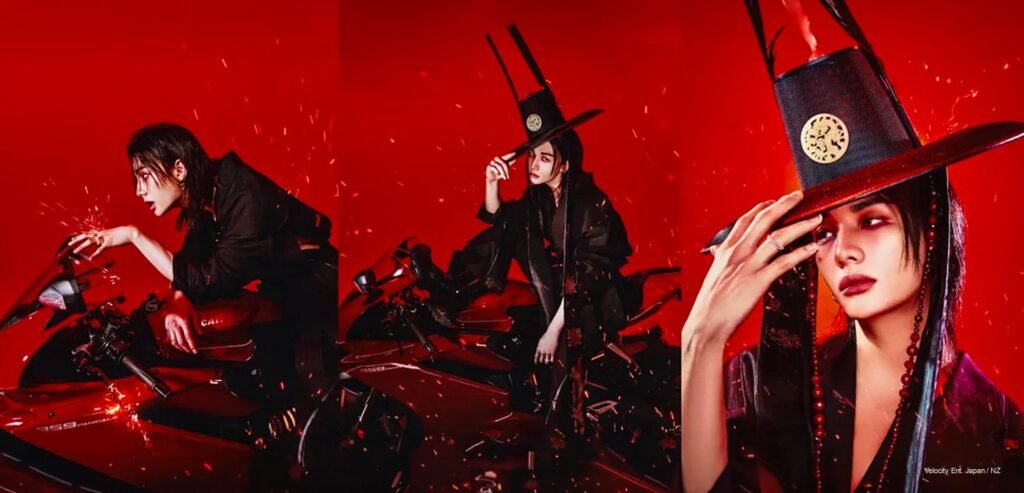 Stray Kids eight members in all-black editorial fashion arranged across a gilded Korean mural painting for the RUN IT World Tour concept photo, Seoul 2026