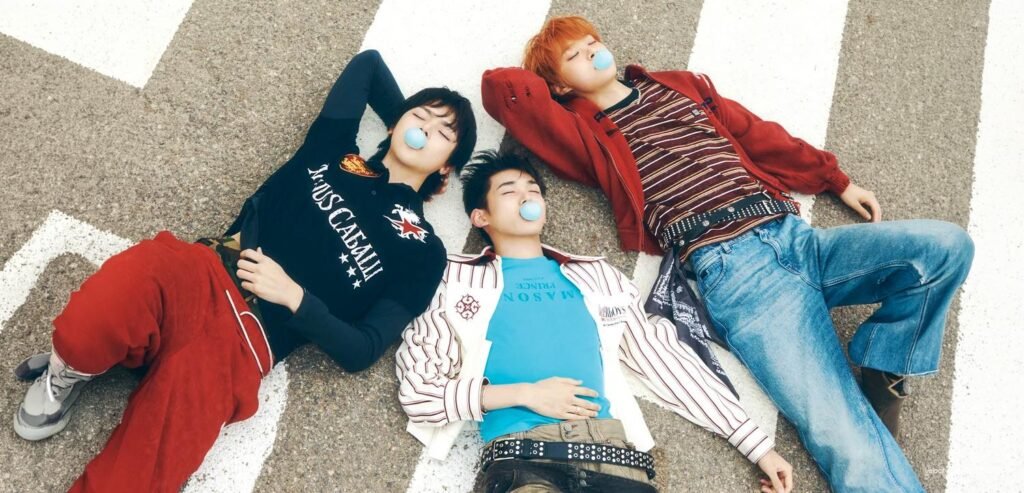 &TEAM members EJ, Nicholas, and Jo in editorial fashion photography for Singles Japan June 2026 issue pictorial, styled in structured tailoring and cinematic looks.