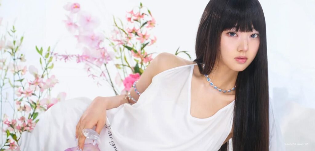 KiiiKiii member in a white dress posed against soft pink flowers, wearing delicate blue jewelry in a bright editorial concept photo.