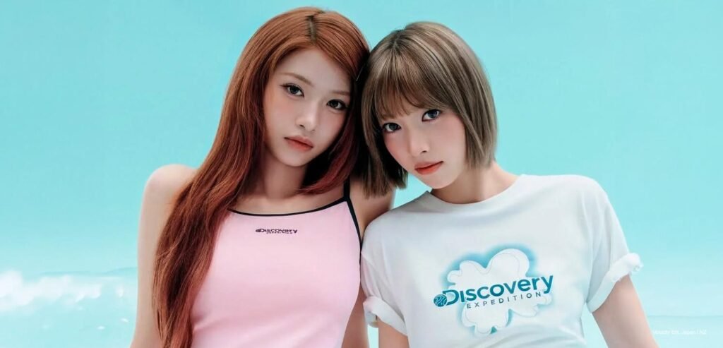 Two RESCENE members lean head-to-head in pink and white Discovery Expedition tops against a pastel blue sky, from Harper's BAZAAR Korea's August 2026 pictorial preview