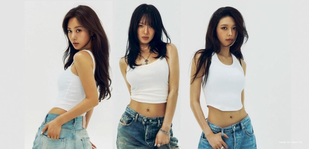 Girls' Generation-HRS members Hyoyeon, Yuri, and Sooyoung in matching white tanks and raw denim for their "Skibidi" debut teaser campaign.