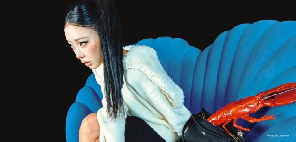 Giselle x LOEWE — Marie Claire Korea, September K-Pop News aespa's Giselle leans across a blue shell-shaped sofa in a cream shearling cardigan for Marie Claire Korea x LOEWE, September 2026.