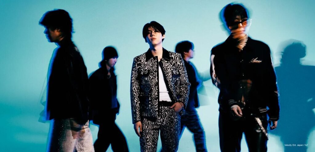 KAVE — Kings Always Have Veiled Egos KAVE band members in motion blur against a teal backdrop, center member in a leopard-print suit standing in sharp focus.