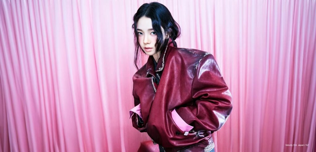 espa's Karina in a burgundy Prada leather jacket against a rippling blush-pink curtain, ELLE Korea September 2026 cover story