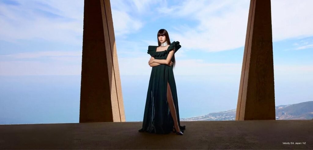 Lisa — Vogue Korea September Cover Lisa of BLACKPINK poses in a dark off-shoulder gown between two concrete pillars overlooking the coast for Vogue Korea's September 2026 cover.