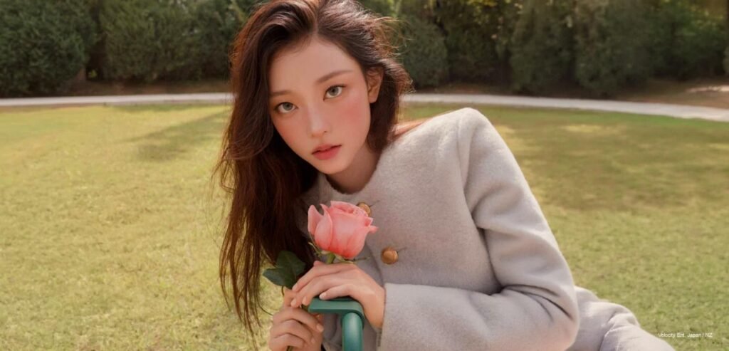 NewJeans Haerin posing with Miss Dior perfume in a grey wool coat for Marie Claire Korea September 2026 issue.