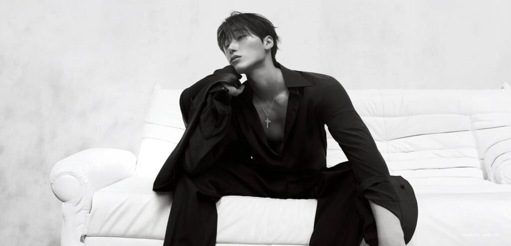 ATEEZ San in black draped shirt for DAZED Korea x Dolce & Gabbana Fall 2026 editorial Title: San — DAZED Korea x Dolce & Gabbana, Fall