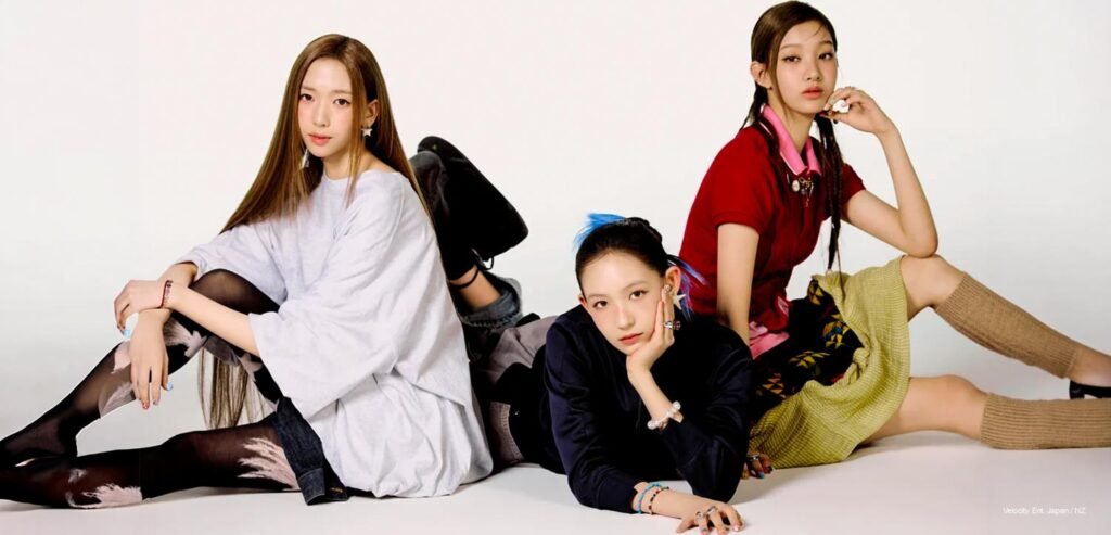 TUIDE seven-member girl group debut teaser photo posed across oversized "tuide" logo letters