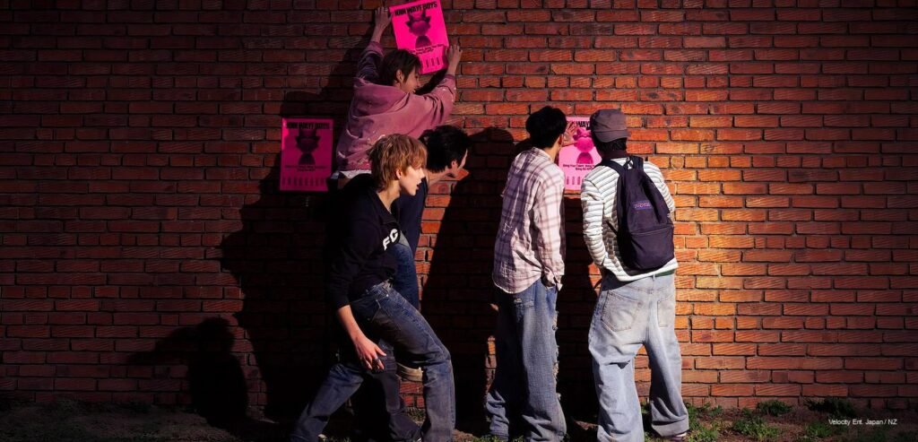 WAYF BOYS Set to Debut August 7 With “WAYF BOYS DO” — Meet K-pop’s Newest “Nu-Kpop” Crew WAYF BOYS members pasting pink "Join WAYF BOYS" recruitment posters on a brick wall at golden hour, guerrilla street-team style promo for the group's debut.