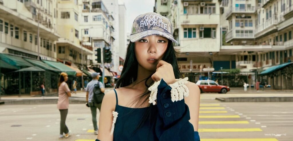 MEOVV Gawon DAZED Korea 2026 MEOVV Gawon wearing a God's Favorite cap and dark denim top crossing an urban city street in DAZED Korea preview.