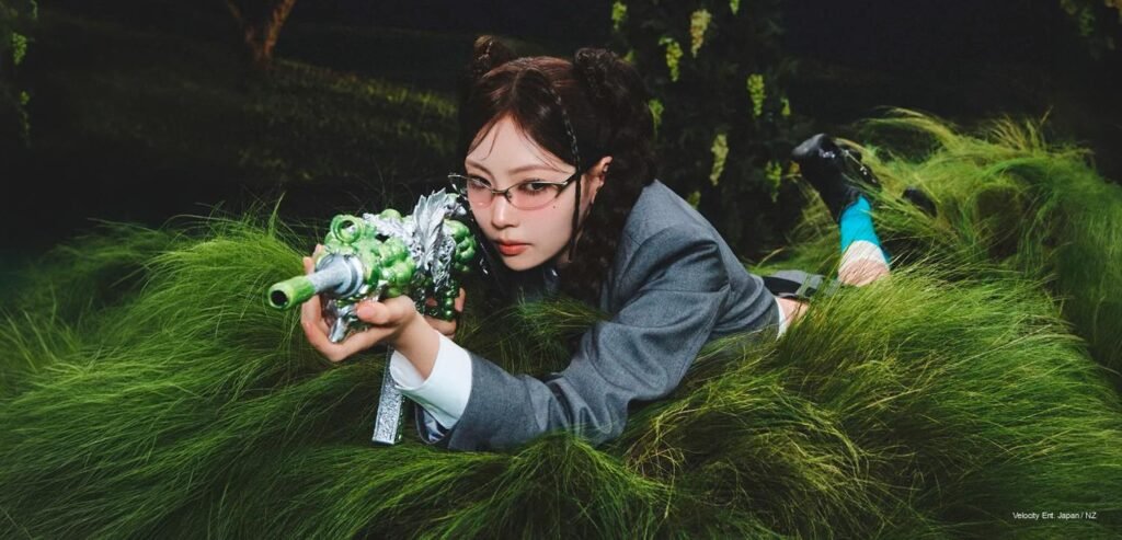 NiziU member posing in lush green grass holding a custom metallic green grape-inspired prop gun wearing futuristic glasses and grey tailored fashion.