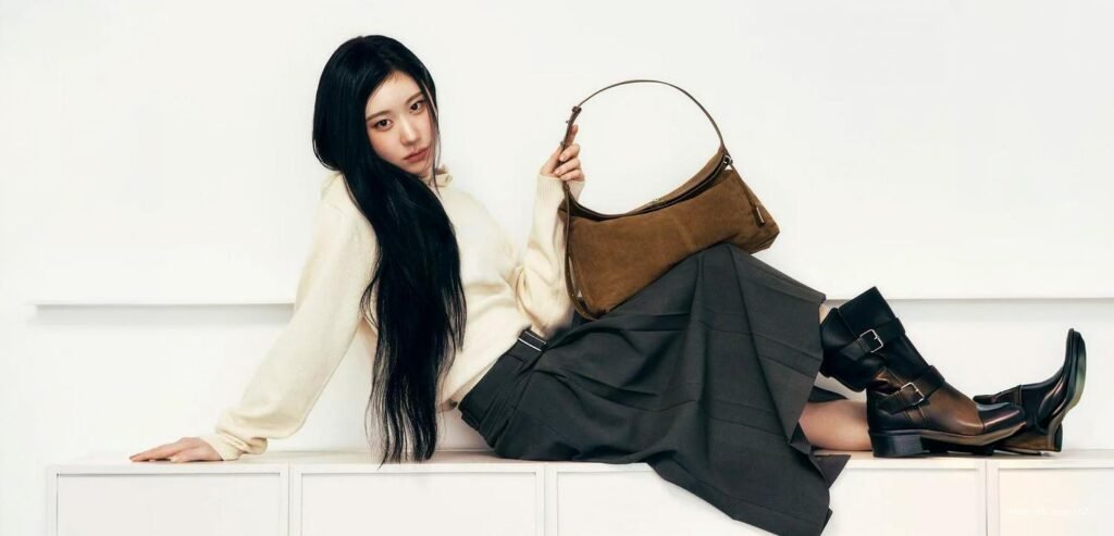 ITZY’s Chaeryeong reclining on a white bench wearing a cream turtleneck, charcoal skirt, knee-high leather boots, and holding a brown suede JOY GRYSON handbag for Harper’s BAZAAR Korea.