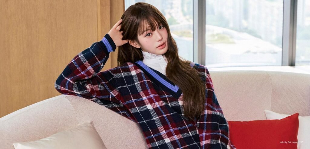 IVE Wonyoung Tommy Hilfiger Autumn/Winter 2026 IVE Wonyoung wearing a plaid V-neck sweater and white high-collar blouse for GQ Hong Kong and GQ Singapore pictorial.