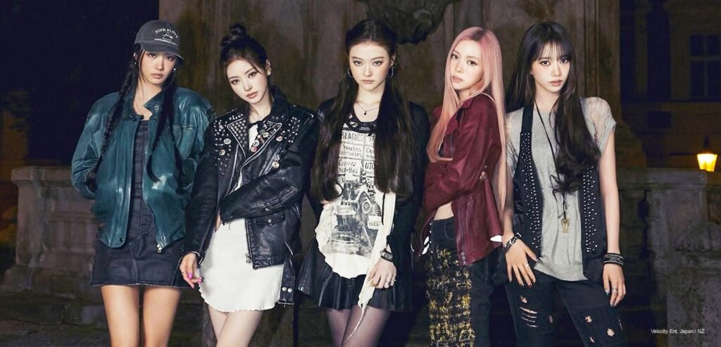 MEOVV GO HARD – Concept MEOVV members posing together at night in studded motorcycle jackets, graphic t-shirts, and ripped denim for GO HARD concept teasers.
