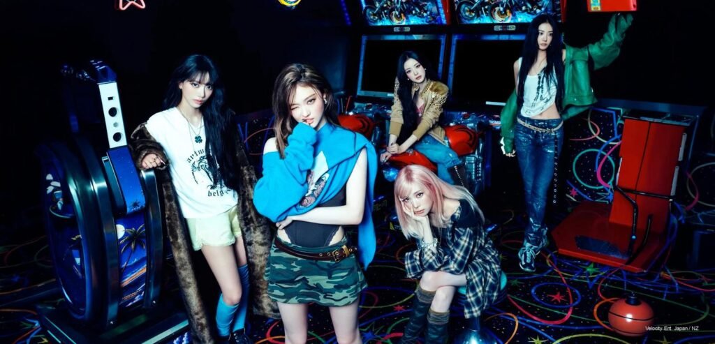 MEOVV GO HARD Concept Photos MEOVV members posing in a retro neon arcade wearing edgy streetwear and fur coats for GO HARD concept photos.