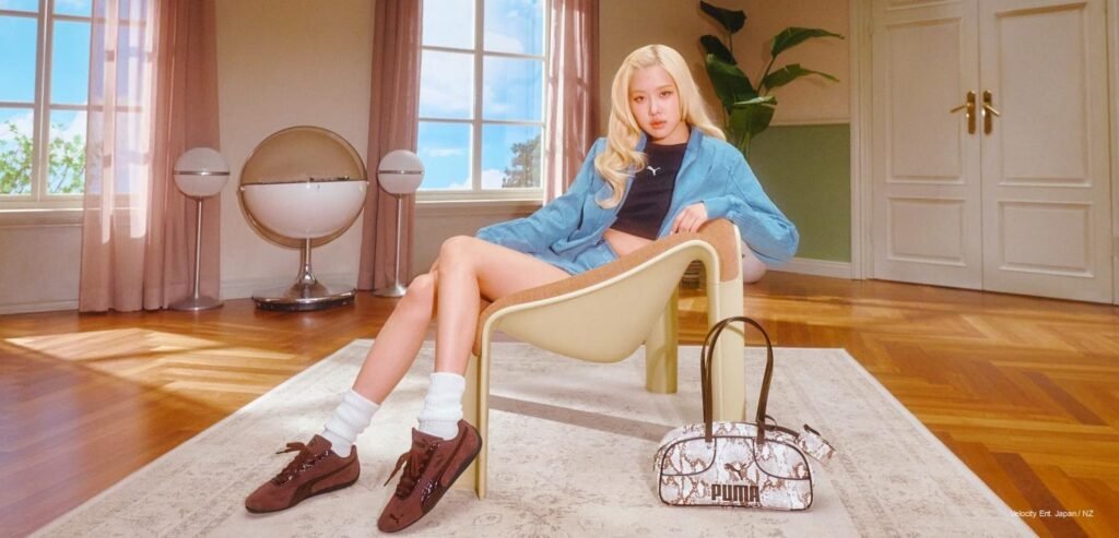 ROSÉ lounging in a denim set and coffee-colored PUMA Speedcat Croc sneakers beside a python-print handbag.