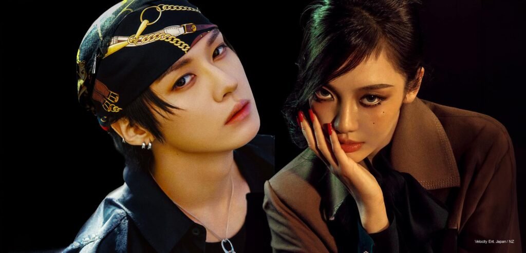 Stray Kids Lee Know in dark leather and patterned headband next to aespa Ningning in brown trenchcoat for W Korea x GUCCI cover shoot.